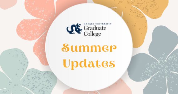 An Image with multi-colored palm tree leaves surrounding the Graduate College's logo and the phrase "Summer Updates"